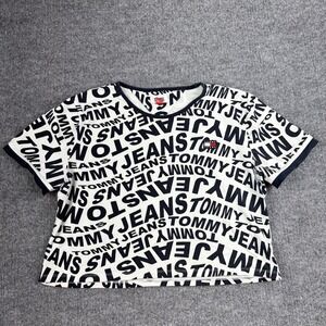 Tommy Jeans Shirt Womens XL White Navy Logo Allover Ringer Graphic Tee Top